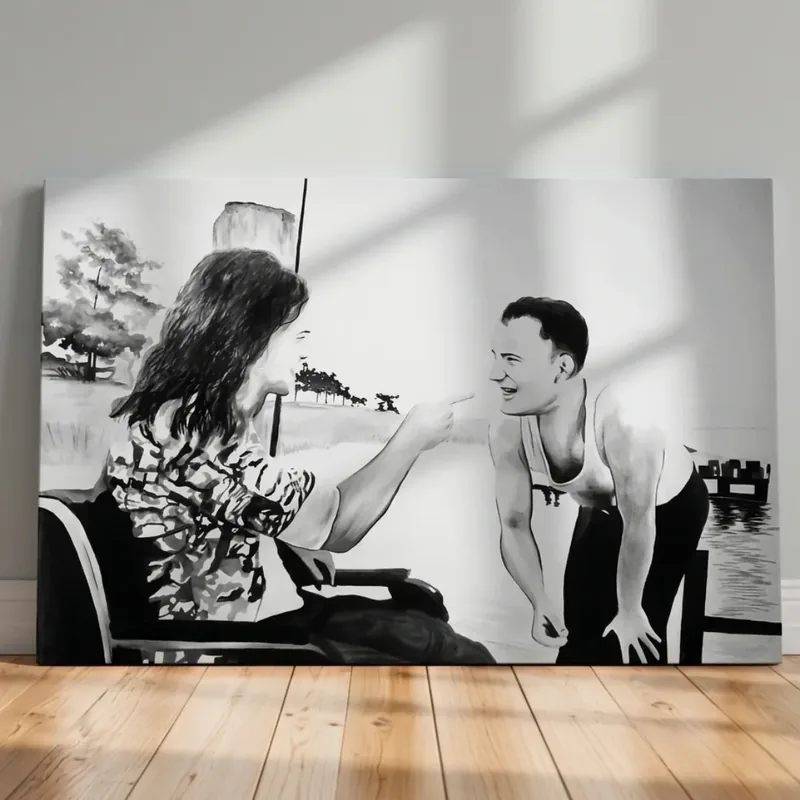 Toile peinte d’après une scène de film, en noir et blanc.