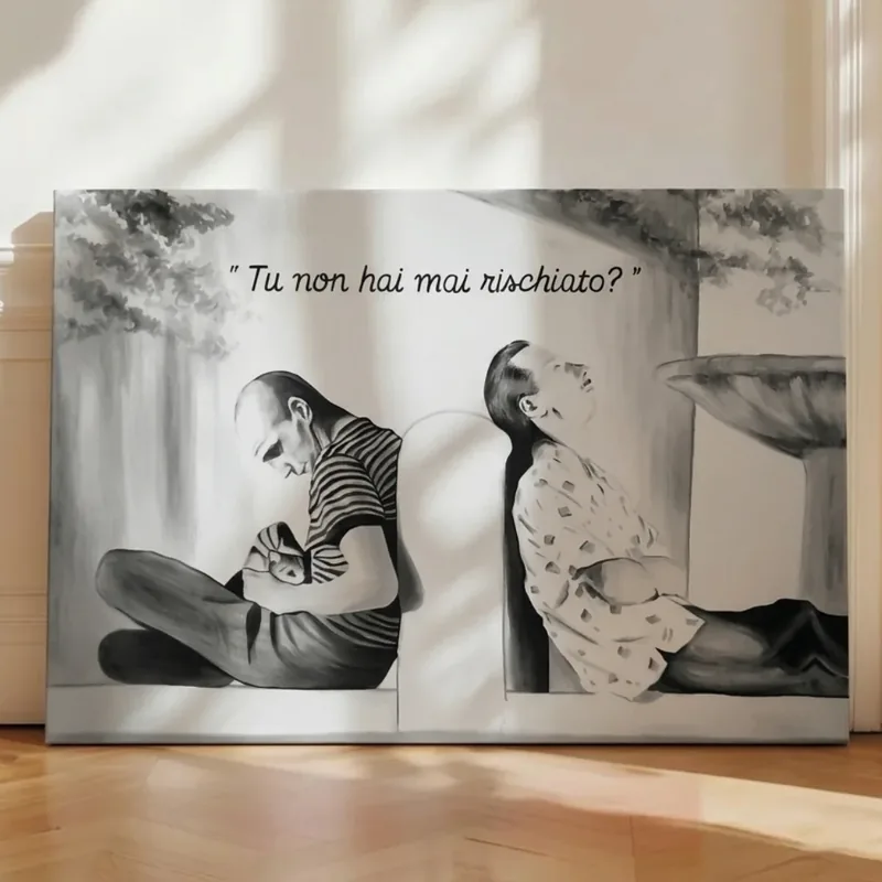Toile peinte d’après une scène de film, en noir et blanc, avec la réplique écrite à la main.