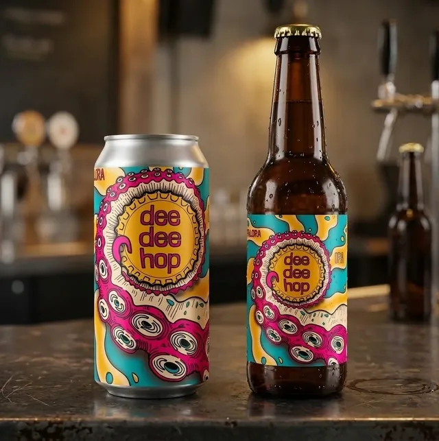 Lattina e bottiglia della birra Dee Dee Hop