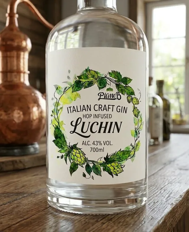 Etichetta del gin Luchin, corona di luppolo