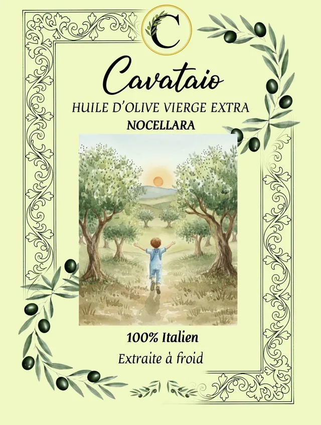 Etichetta dell’olio extravergine d’oliva Cavataio, ulivi e un bambino sotto il sole