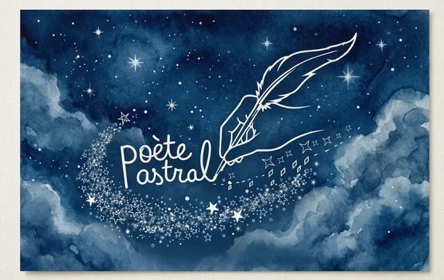 Biglietto Poète Astral, piuma e cielo stellato
