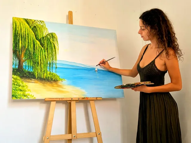 Con la paleta en la mano, Giulia Dal Bon pinta la vela en el horizonte sobre un lienzo de 100 × 70 cm: una playa, el mar y un sauce llorón.