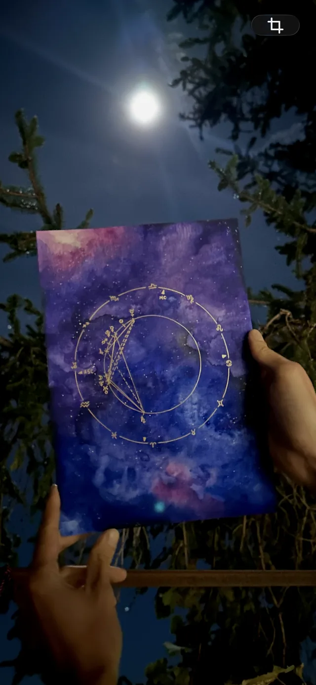 La nuit, sous la pleine lune, deux mains tiennent le thème astral peint à l’aquarelle par Giulia Dal Bon.