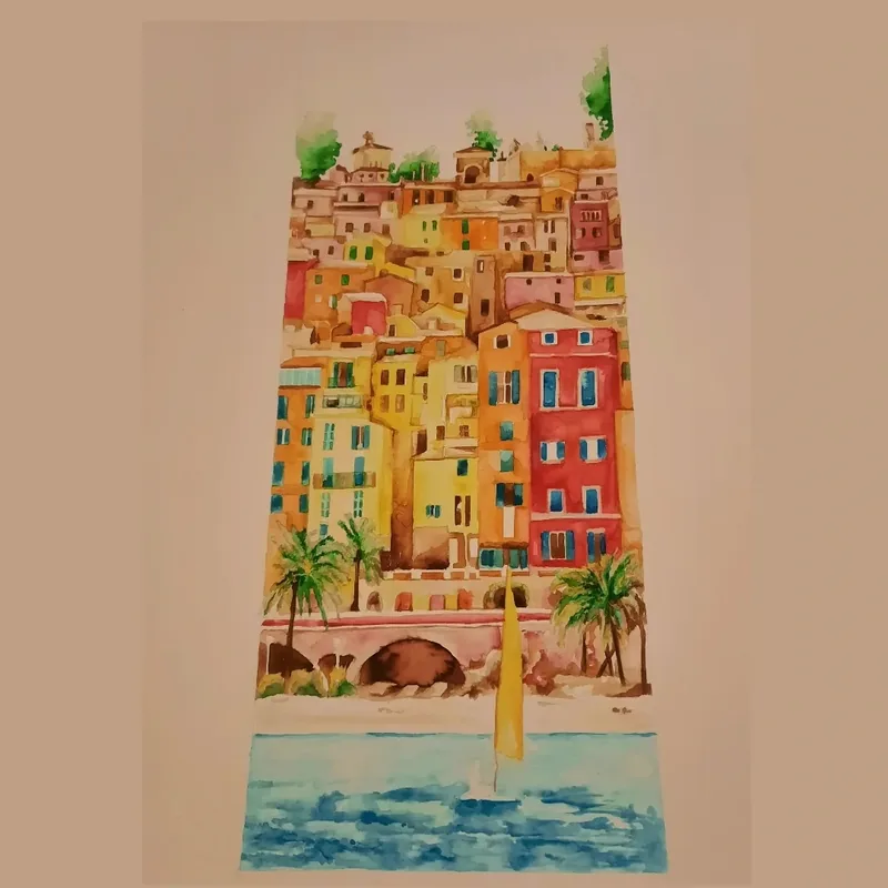 Esempio di paesaggio da regalare per una pensione: Giulia Dal Bon ha dipinto ad acquerello un borgo dalle facciate gialle e rosse, sul mare.