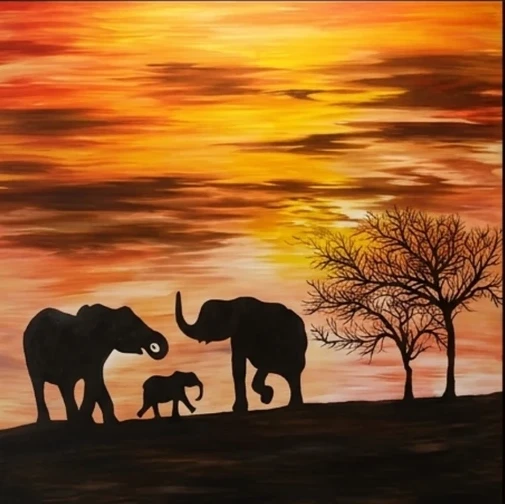 Paisaje al atardecer pintado en acrílico sobre lienzo