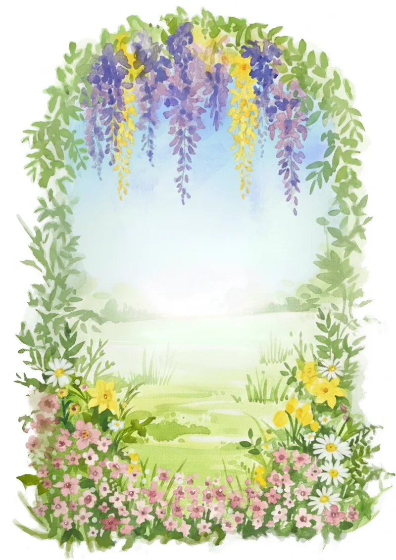 Paisaje a la acuarela: Giulia Dal Bon pintó un arco de glicinias y flores que se abre a una pradera luminosa.