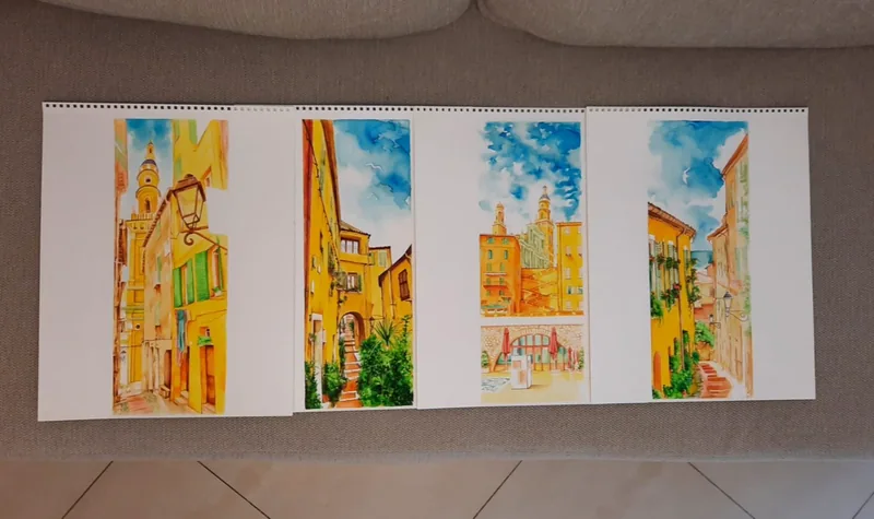 Example of a painting to give a client: Giulia Dal Bon painted four lanes with ochre and yellow facades in watercolour, set side by side.