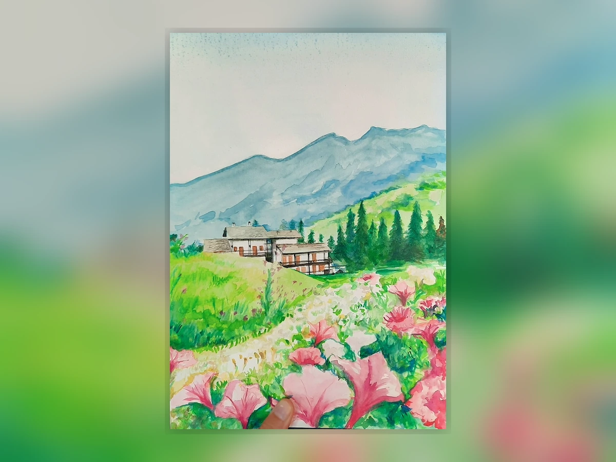 Mountain meadow landscape painted in watercolour on paper