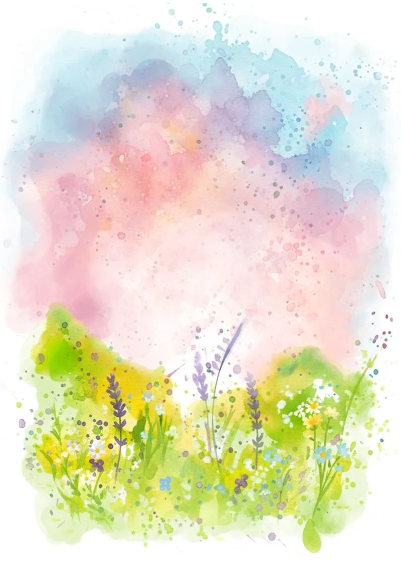 Paisaje a la acuarela: Giulia Dal Bon pintó un cielo rosa y azul que se extiende sobre un campo de flores.