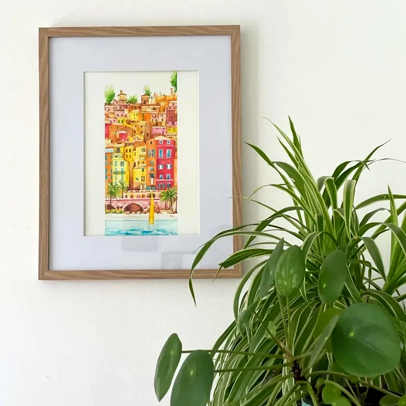 Example of a hand-painted picture to give a client: Giulia Dal Bon painted the colourful houses of a seaside town in watercolour.