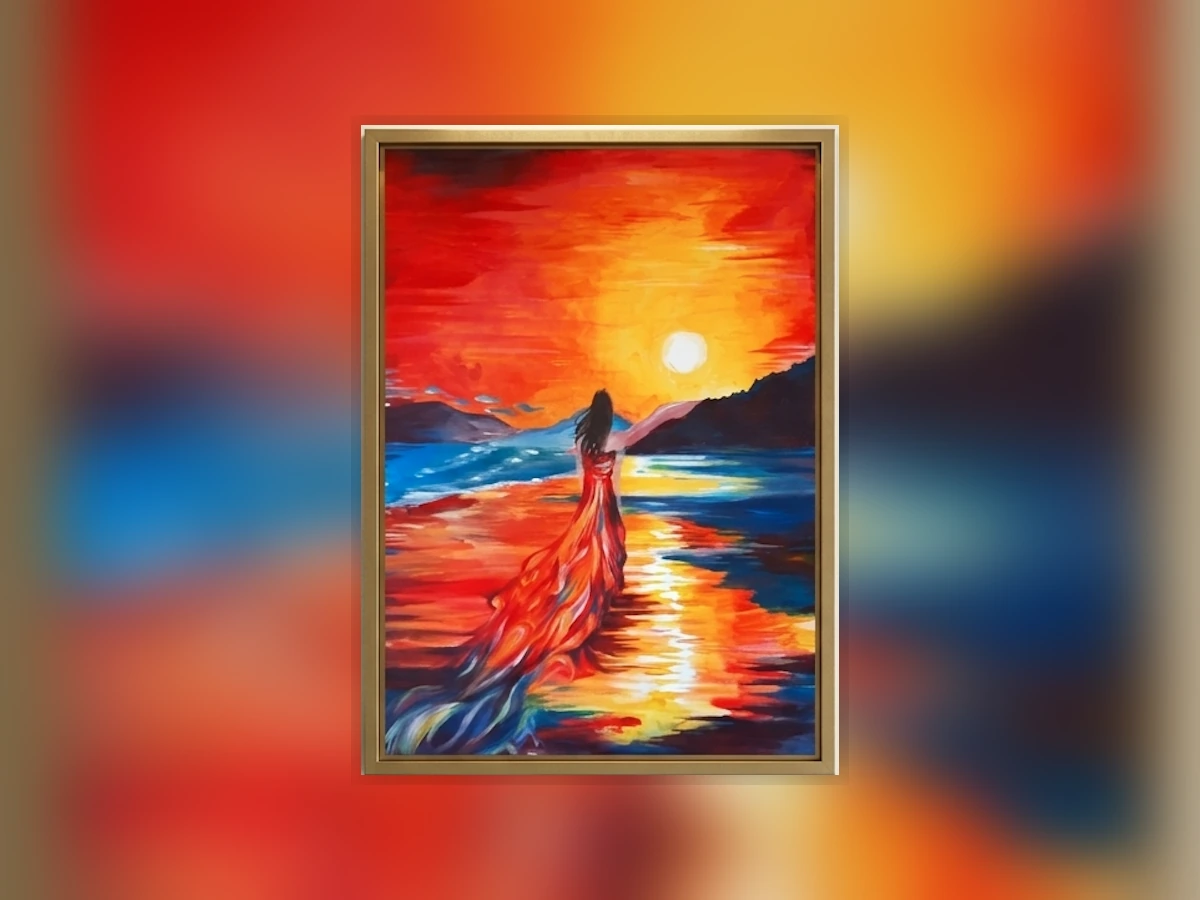 Paesaggio di mare al tramonto dipinto ad acrilico su tela