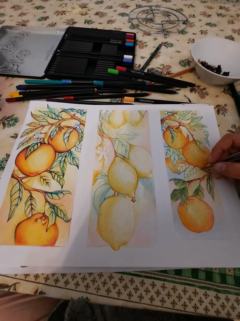 Giulia Dal Bon peint côte à côte trois aquarelles de branches de citronnier chargées de fruits.