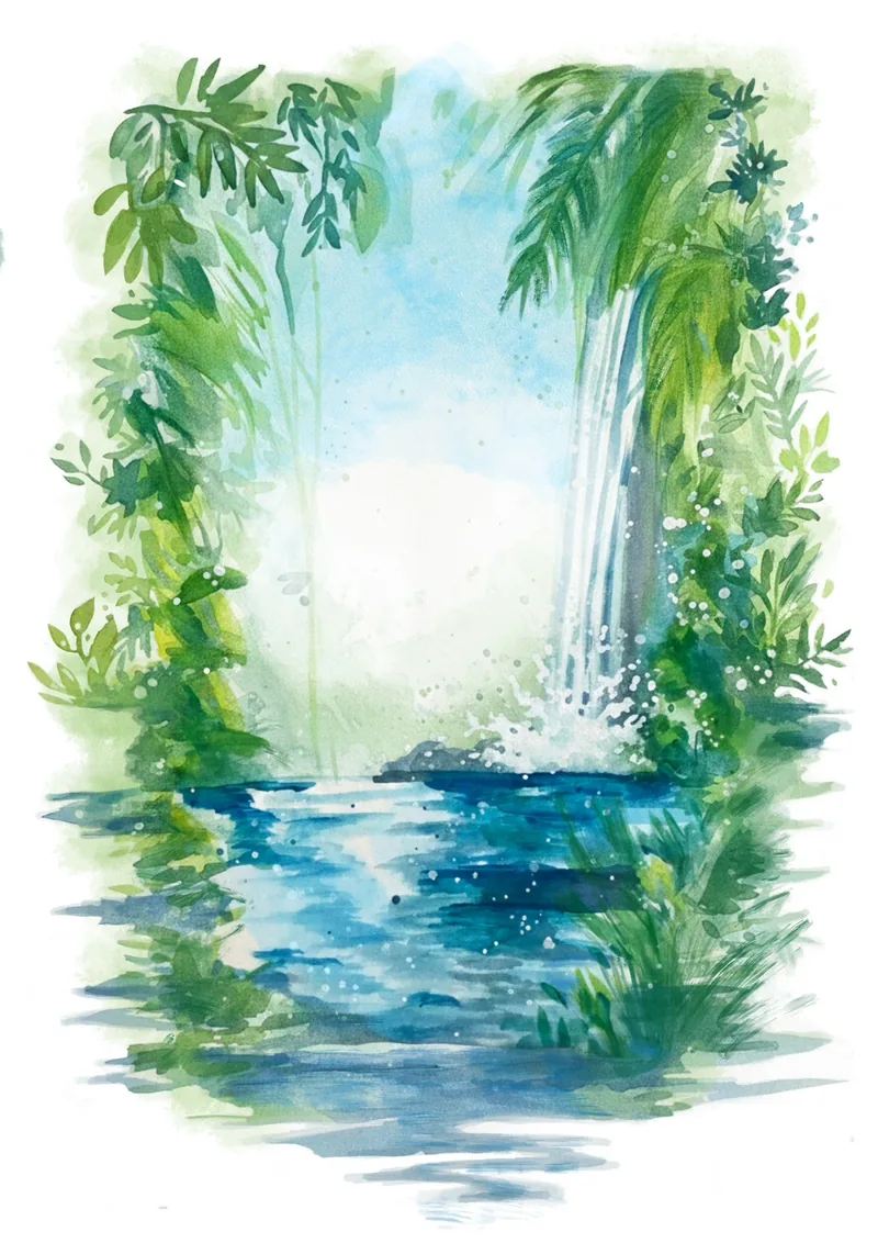 Paisaje a la acuarela: Giulia Dal Bon pintó una cascada que cae en un agua azul, entre palmas y follaje.