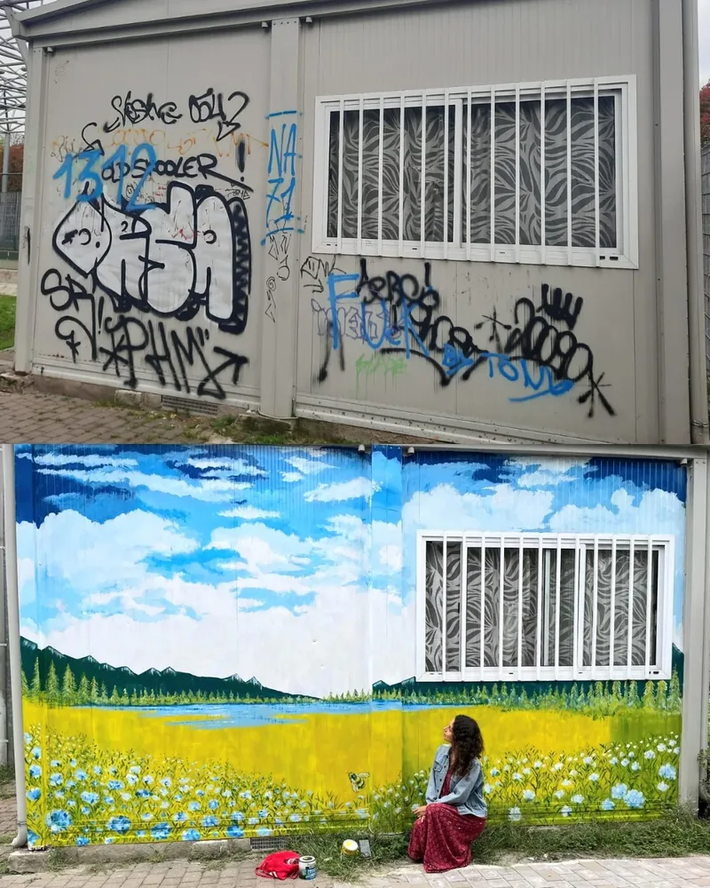 Antes y después: en Segrate, las pintadas de la casa de la petanca dejaron paso al mural de flores de Giulia Dal Bon.