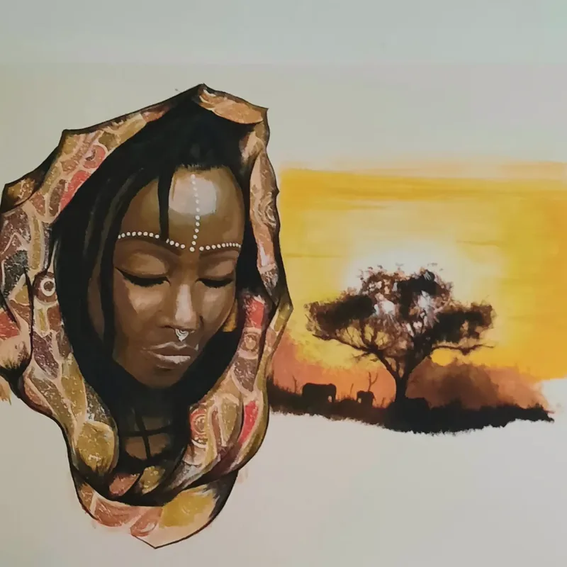 Giulia Dal Bon a peint sur un mur le visage d’une femme drapée, les yeux clos, à côté d’une savane au soleil couchant.