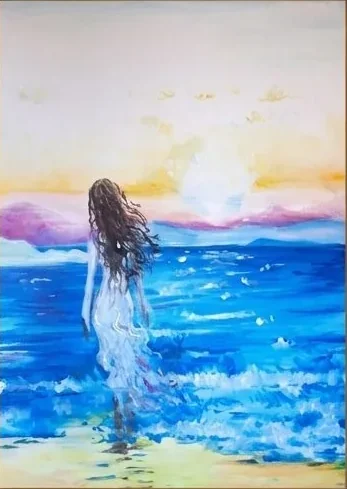 Aurore, tableau original de Giulia Dal Bon : une femme en robe blanche entre dans la mer au lever du soleil