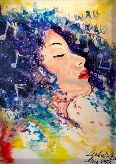 Dream, tableau de Giulia Dal Bon, vendu : le visage d’une femme aux yeux fermés, avec des cheveux bleus et des notes de musique
