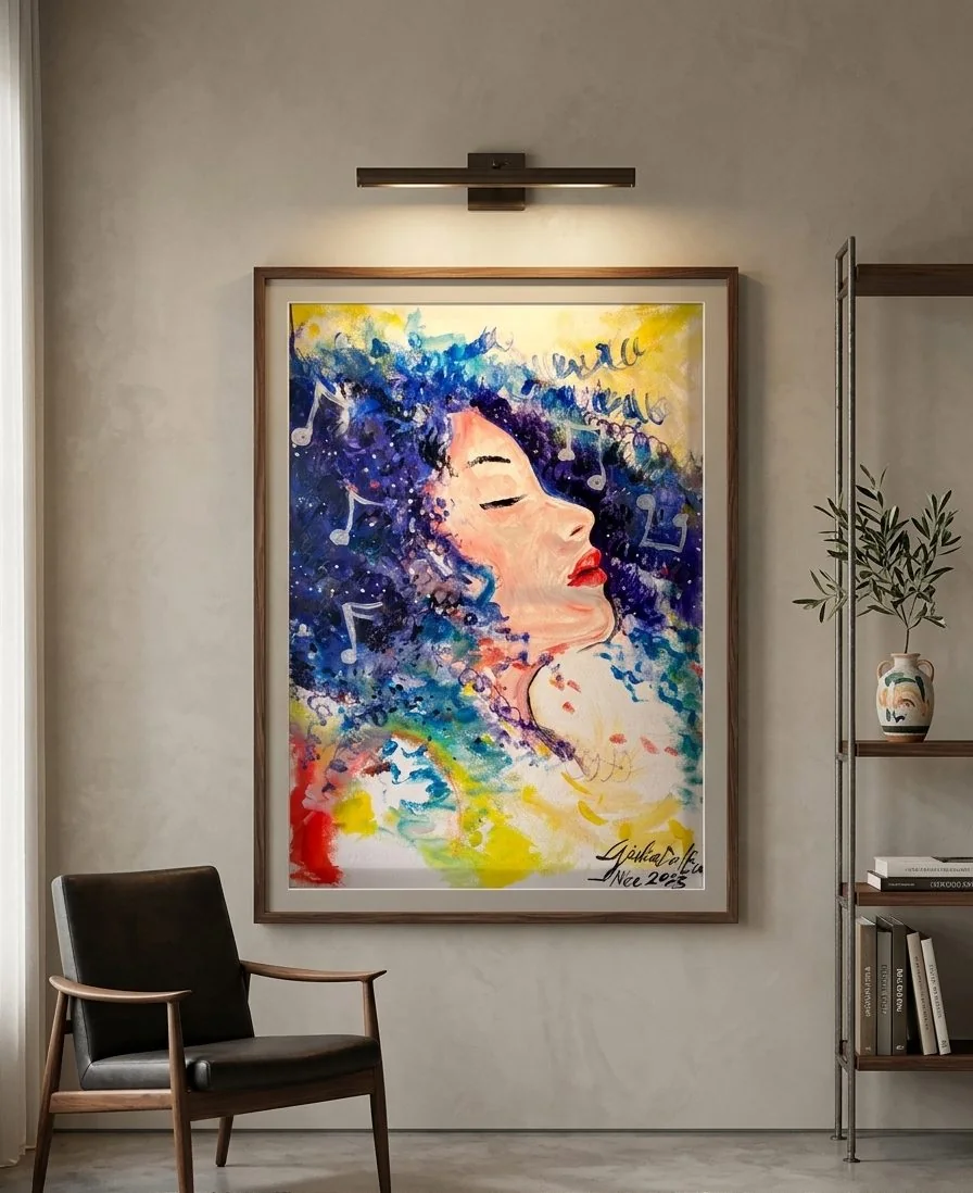 Ritratto di donna dipinto a colori vivi, incorniciato in un interno