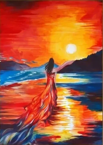 Crépuscule, tableau original de Giulia Dal Bon : une femme en robe rouge marche vers le soleil couchant, au bord de la mer