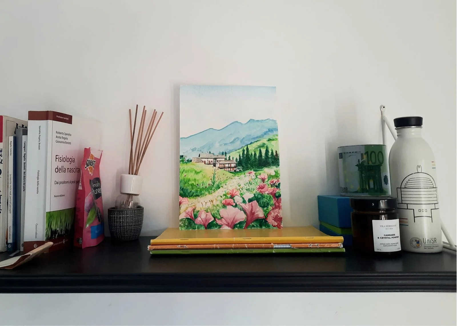 Posée sur une étagère, l’aquarelle de Giulia Dal Bon montre un chalet et un chemin fleuri au pied des montagnes.