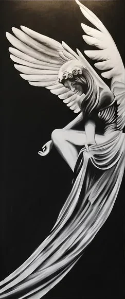 Envol, tableau original de Giulia Dal Bon : une figure ailée blanche sur un fond noir