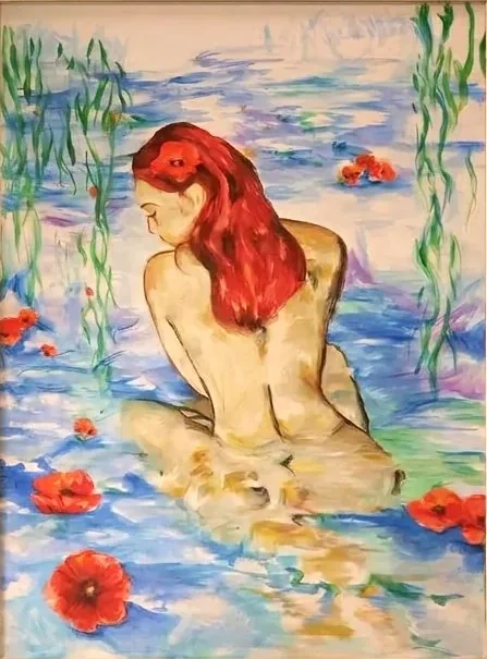 Nymphe, tableau original de Giulia Dal Bon : une femme aux cheveux rouges assise dans l’eau, parmi les coquelicots