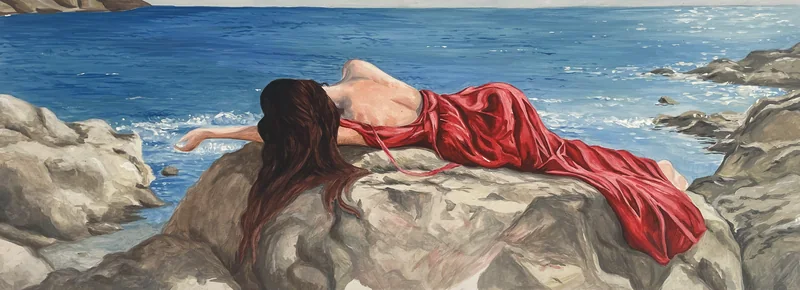 Finalement, tableau original de Giulia Dal Bon : une femme au drap rouge allongée sur un rocher, face à la mer