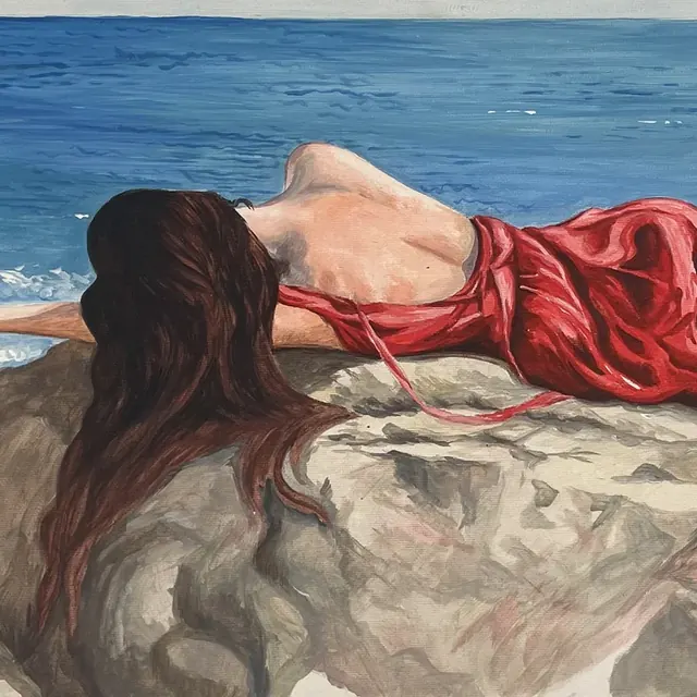 Détail du tableau de Giulia Dal Bon : le dos nu de la femme et les plis du drap rouge sur la pierre.