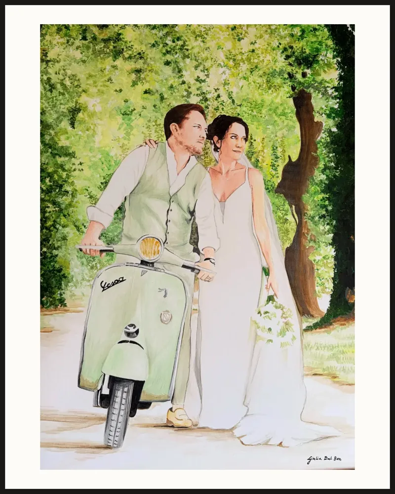 Hand-painted wedding painting: the bride and groom with their Vespa, painted in acrylic on canvas by Giulia Dal Bon.
