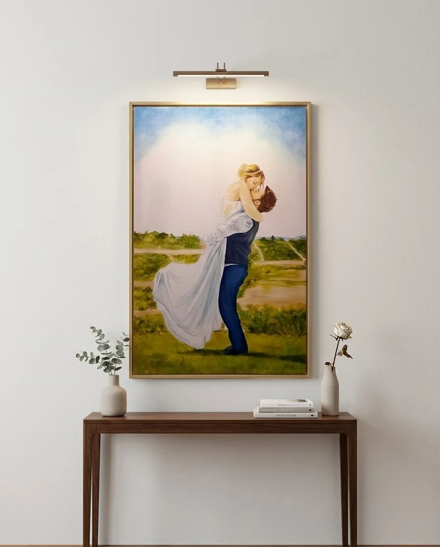 Painting of a married couple, brush-painted and hung above a console