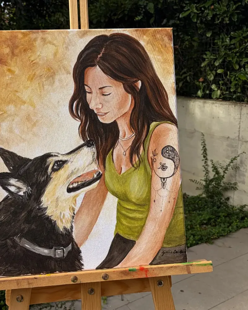 Portrait given as a birthday gift: a young woman and her dog, painted in acrylic on a 40 × 50 cm canvas.