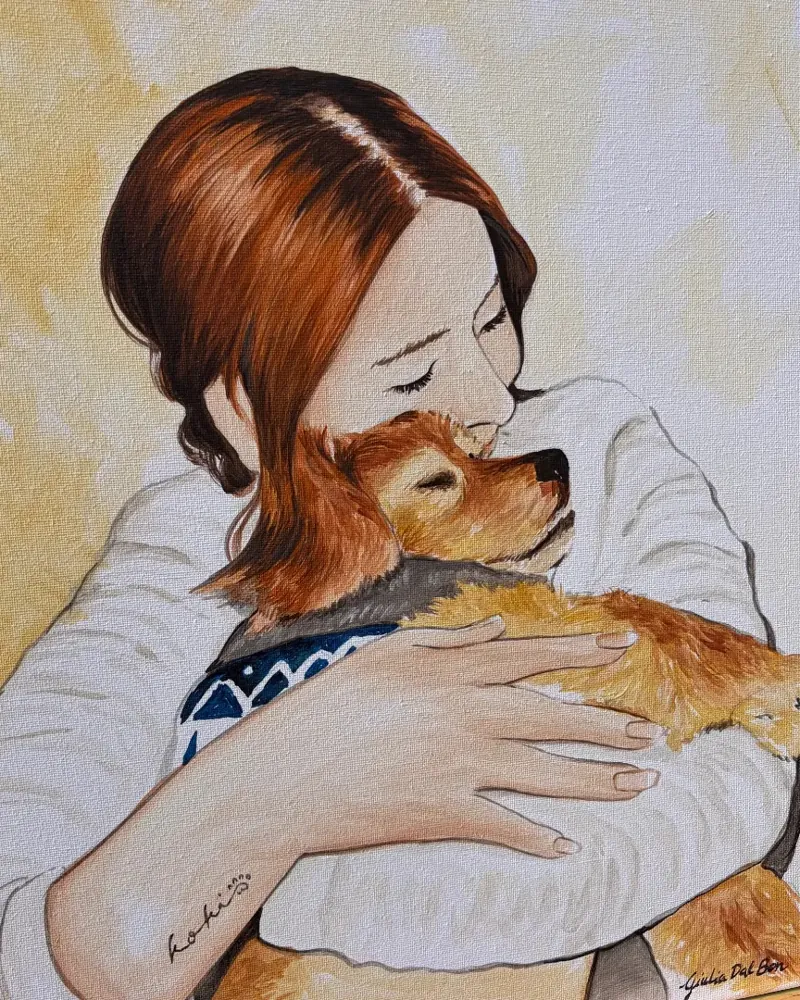 Ritratto dipinto a mano da una foto: una ragazza stringe a sé il suo cane, acrilico su tela di Giulia Dal Bon.