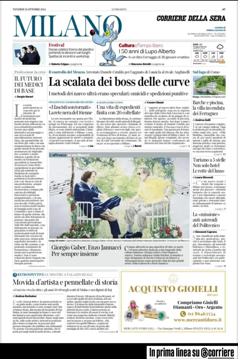 Nell’edizione di Milano, il Corriere della Sera dedica un articolo al murale di Giulia Dal Bon dedicato a Gaber e Jannacci.