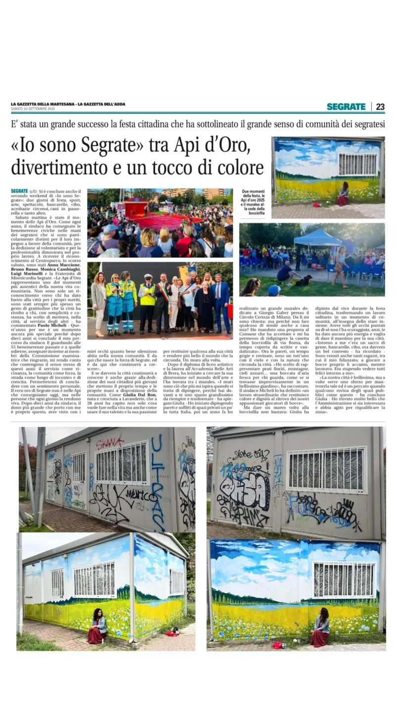 En Segrate, un periódico local dedica una página a la fiesta «Io sono Segrate» y al mural de Giulia Dal Bon.