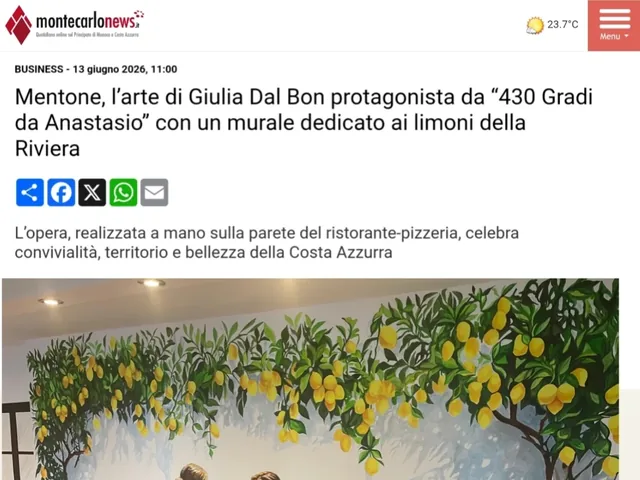Montecarlonews consacre un article à la fresque aux citronniers que Giulia Dal Bon a peinte sur le mur d’un restaurant.
